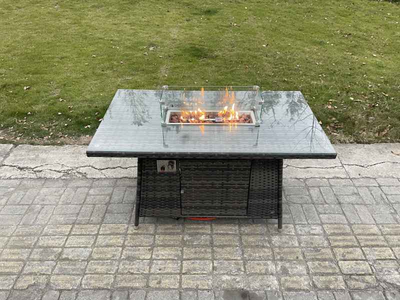 Fimous 9 Seater Rattan Garden Furniture Set High Back Corner Sofa Gas Fire Pit Dining Table Sets Gas Heater with 2 Big Footstool Armchair Dark Grey Mixed