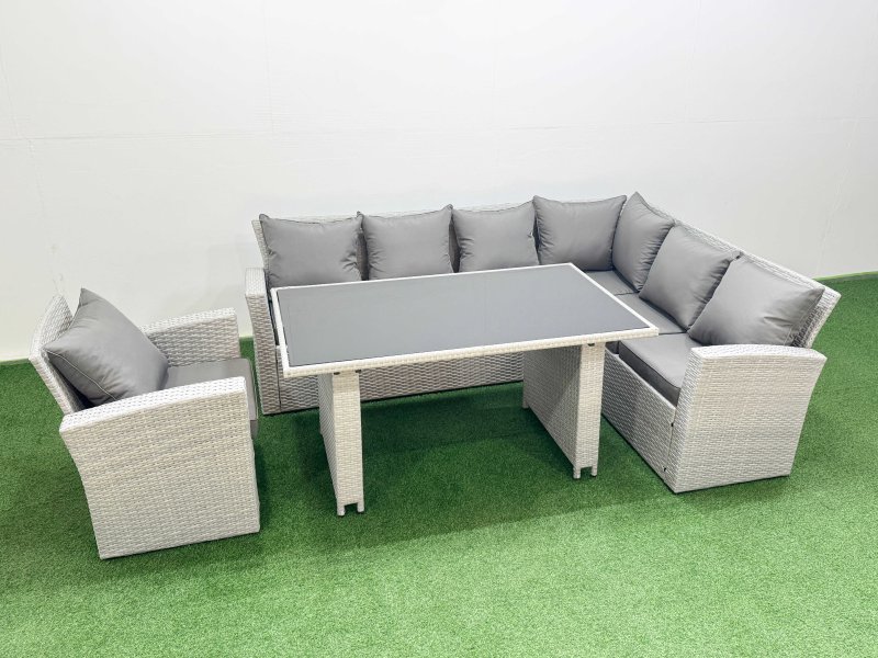 Fimous Outdoor Garden Furniture Sets 7 Seater Wicker Rattan Corner Sofa Sets with Rectangular Dining Table Lounge Sofa Armchair Light Grey