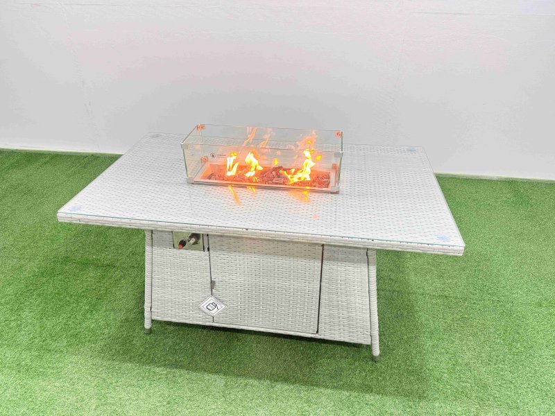 Fimous 8 Seat Rattan Garden Furniture Corner Sofa Set Outdoor Gas Fire Pit Table Set with 2 Small Footstools Light Grey