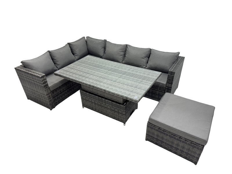 Fimous 7-seater Height Adjustable Rising Lifting Table Corner Sofa Set Rattan Garden Furniture Dining Set with Big Stool Dark Grey Mixed