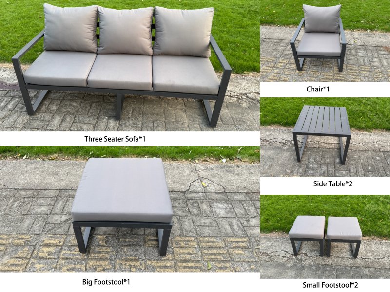 Fimous Aluminum Outdoor Dining Set Patio Dining Furniture Set Includes Adjustable Rising Lifting Dining Table Chairs with 3 Footstools Side Table