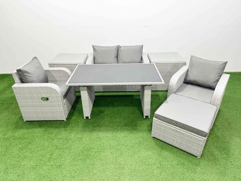 Fimous Outdoor Rattan Garden Furniture Dining Set 5-seater Patio Rectangular Table Love Sofa Reclining Chair Set with 2 Side Tables Big Stool
