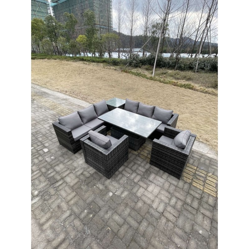 Fimous 8 Seater PE Rattan Corner Sofa Set Rising Adjustable Dining Table Set High Side Coffee Table With 2 Arm Chairs