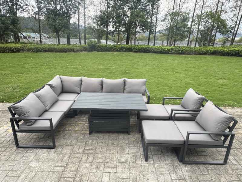 Fimous Aluminium Garden Furniture Sets,9 Seater Outdoor Conversational Dining Set with Adjustable Rising Lifting Dining Table,2 Big Footstools Dark Grey