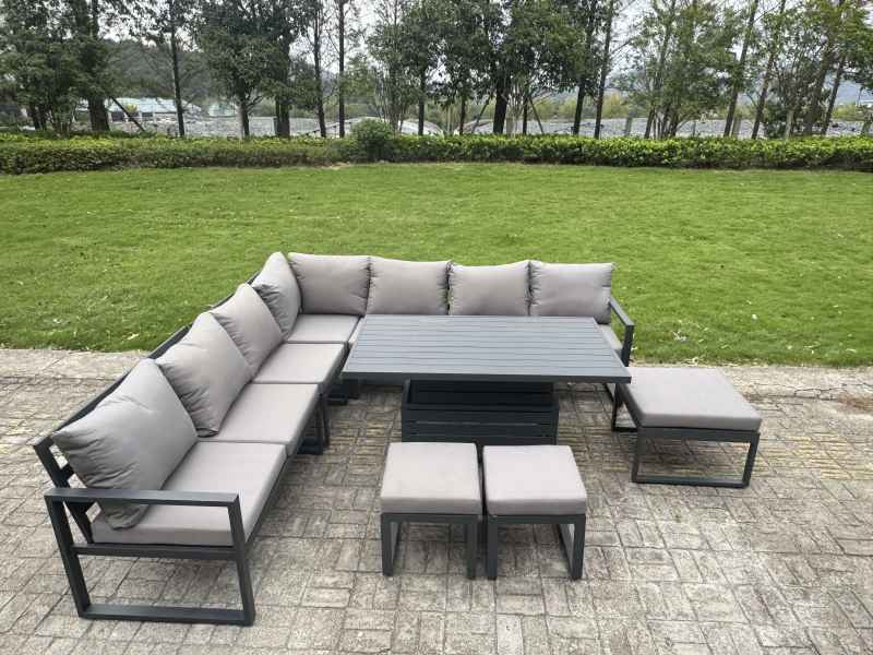 Fimous 12 Seater Aluminium Sofa Set 11 Pieces Outdoor Garden Furniture - Rising Dining Table with Cushions 2 Big Footstools 3 Chairs Footstool Dark Grey