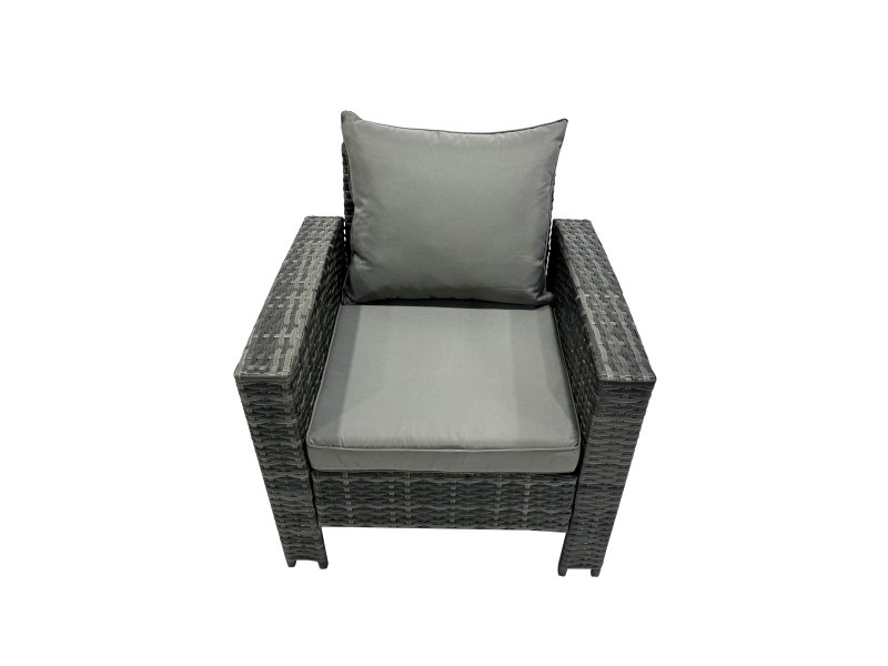 Fimous Outdoor Love Sofa Set 8 Seat Rattan Garden Furniture Set with Gas Firpit Dining Table 3 Footstools Dark Grey Mixed