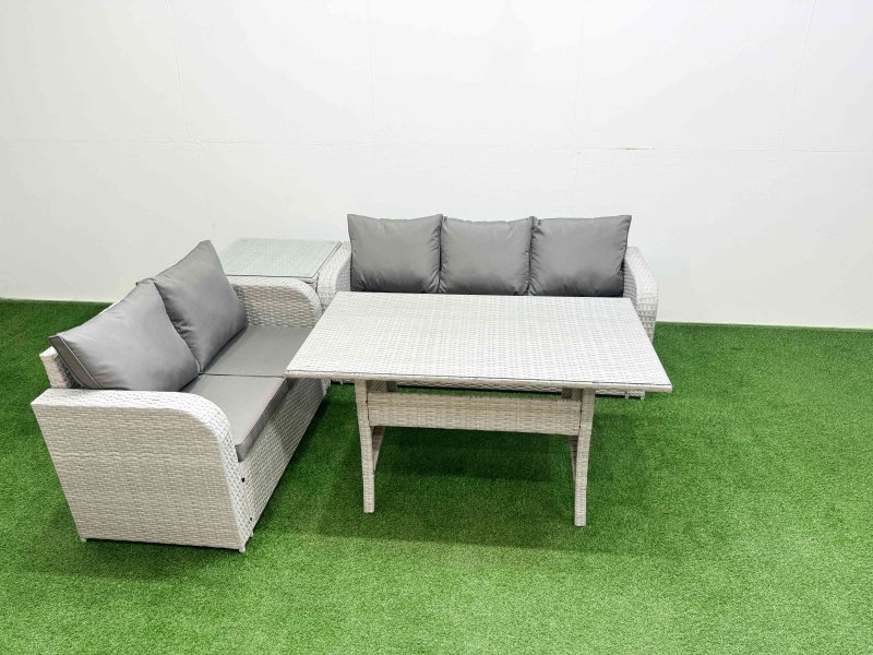 Fimous 5 Seater PE Rattan Wicker Garden Furniture Patio Conservatory Sofa Set with Rectangular Dining Table 3 Seater Sofa Love Sofa Side Table