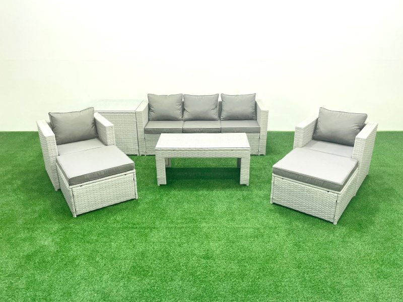 Fimous Rattan Garden Furniture Set 7 Seater Outdoor Garden Sofa 2 Chairs Oblong Coffee Table Set with 2 Stools Side Table Light Grey Mixed