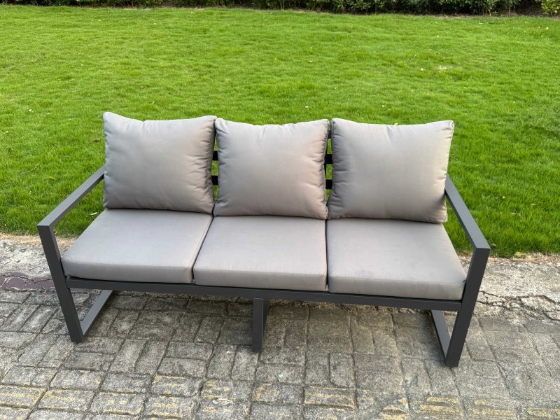 Fimous 6 Pieces Garden Furniture Set Aluminium Adjustable Rising Lifting Dining Table and Sofa Set with 3 Footstools Dark Grey