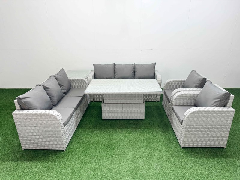 Fimous PE Rattan High Back Lounge Sofa Set Patio Adjustable Lifting Dining or Coffee Table & Chairs Set with 3 Seater Sofa Reclining Chair Side Table Light Grey