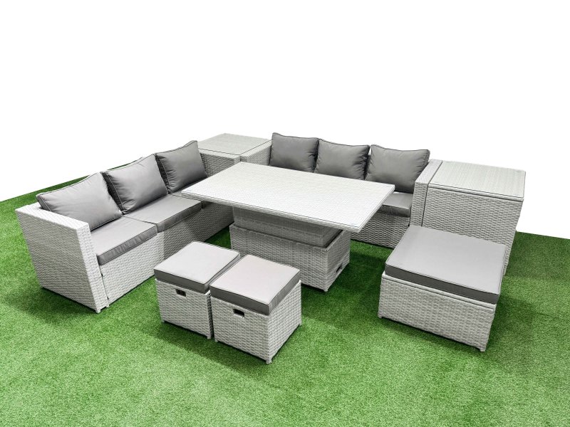 Fimous 8 PCs Rising Dining Table Set Rattan Furniture Set with 3 Seater Sofa 3 Footstools 2 Side Tables Light Grey