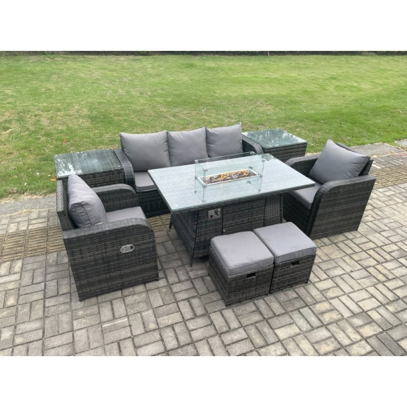 Fimous Wicker Rattan Garden Furniture Sofa Set Gas Fire Pit Dining Table Indoor Outdoor with 2 Side Table Chair Footstool