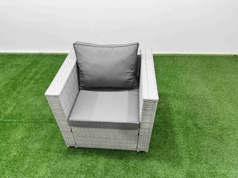 Fimous 7 PCs Rising Dining Table Set Rattan Furniture Set with 3 Seater Sofa Chair 2 Side Tables Big Footstool Light Grey