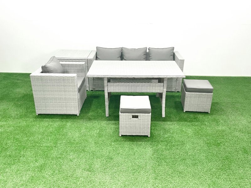 Fimous Rattan Garden Furniture Dining Set 6 Seater Lounge Sofa Chair Dining Table Set with 2 Small Footstools Side Table Light Grey Mixed