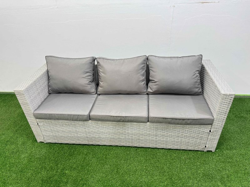 Fimous Patio Garden Furniture Sets with Black Glass Top Dining Table Armchair 3 Seater Sofa Side Table 2 Small Stool Light Grey