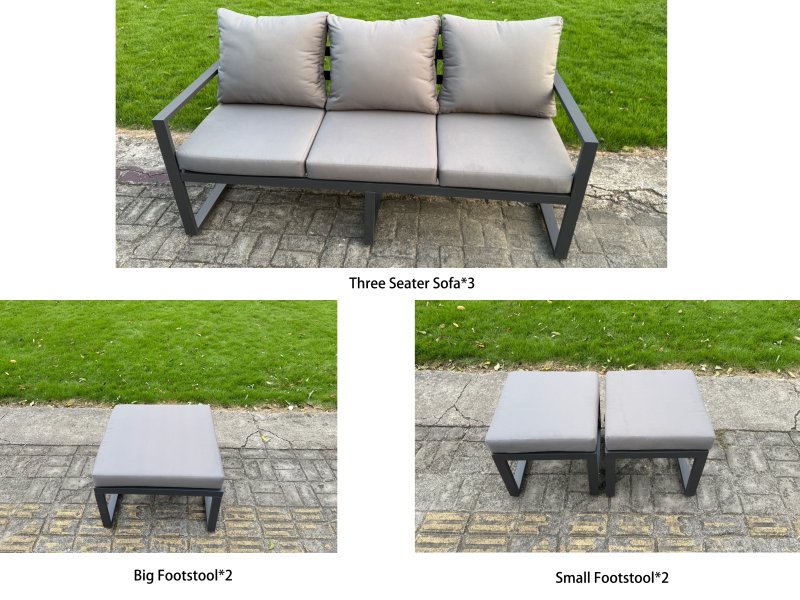 Fimous Aluminum Outdoor Patio Furniture Set Modern Patio Conversation Sets with Adjustable Rising Lifting Dining Table 3 Footstools 2 Side Tables Dark Grey