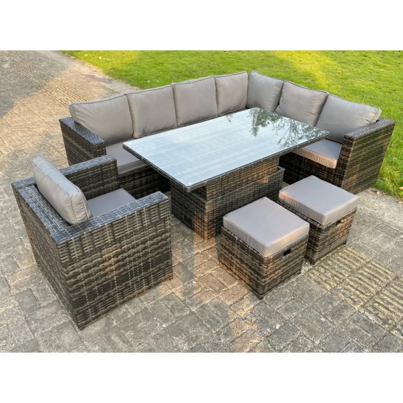 Fimous 9 Seats Dark Mixed Grey Rattan Garden Furniture Corner Sofa Set Adjustable Dining Or Coffee Table Chair Right Corner