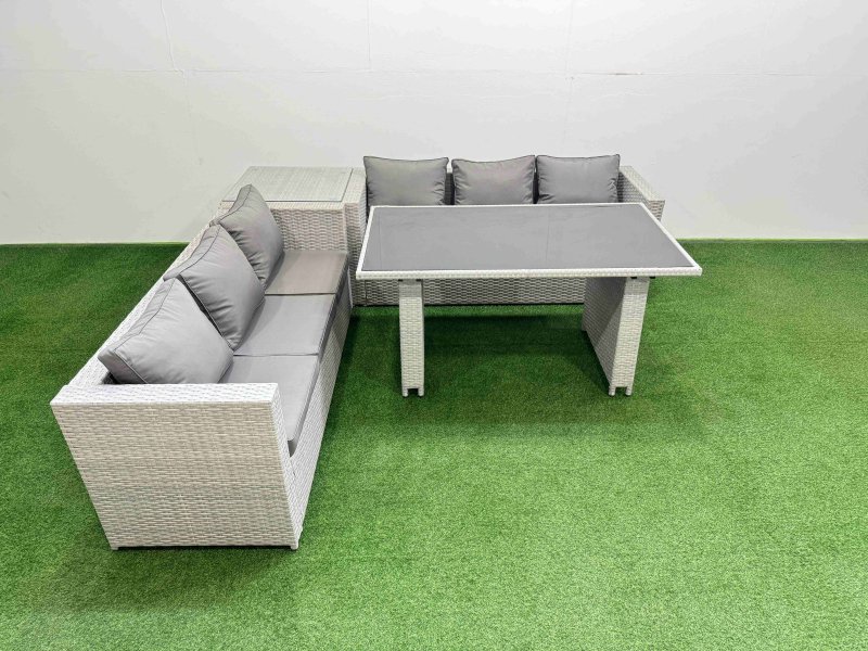 Fimous Rattan Garden Furniture Dining Set 6-seater Patio Rectangular Table Sofa Set with Side Table Light Grey