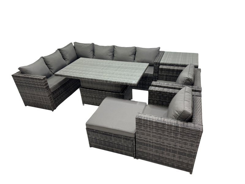 Fimous 9-seater Height Adjustable Rising Lifting Table Corner Sofa Set Rattan Garden Furniture Dining Set with Big Stool Side Table Dark Grey Mixed