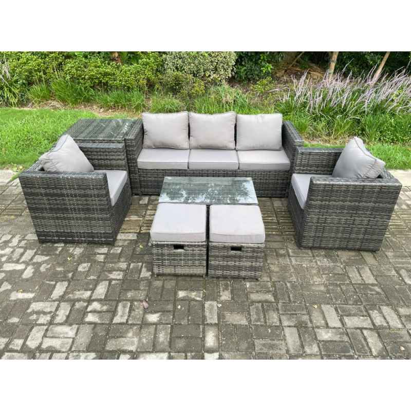Fimous Rattan Garden Furniture Set with 3 Seater Sofa Coffee Table Side Table 2 Armchairs 2 Small Footstools Indoor Outdoor Patio Lounge Sofa Set Dark Grey Mixed