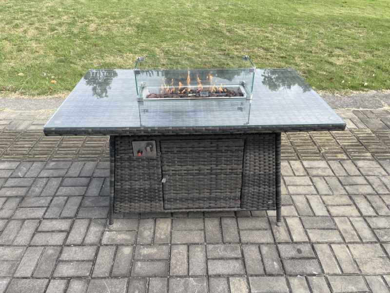 Fimous 6 Seater Rattan Garden Furniture Set Outdoor Lounge Sofa Chair Gas Fire Pit Dining Table Set With 2 Big Footstool Double Seat Sofa Side Table