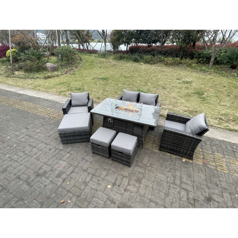 Fimous Rattan Outdoor Furniture Gas Fire Pit Rectangle Dining Table Gas Heater Chairs Two Seater Love Sofa Sets 3 Footstools 7 Seater