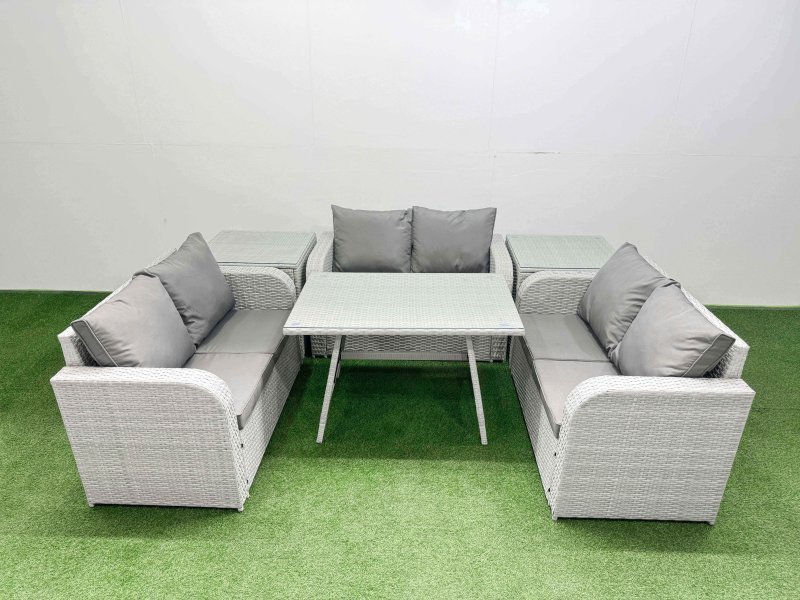 Fimous Rattan Garden Furniture Dining Set 6-seater Patio Rectangular Table Love Sofa Set with 2 Side Tables