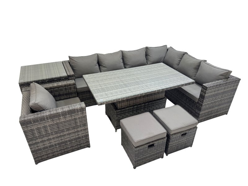 Fimous 9 Seater Rattan Height Adjustable Rising Lifting Table Corner Sofa Sets with Chair Side Table 2 Small Stools Dark Grey Mixed