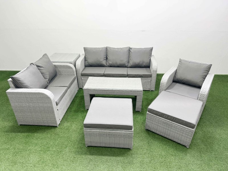 Fimous Patio PE Wicker 8 Seater Outdoor Rattan Furniture Sofa Sets with Oblong Coffee Table Reclining Chair Loveseat Sofa 3 Seater Sofa 2 Big Footstools Side Table Light Grey