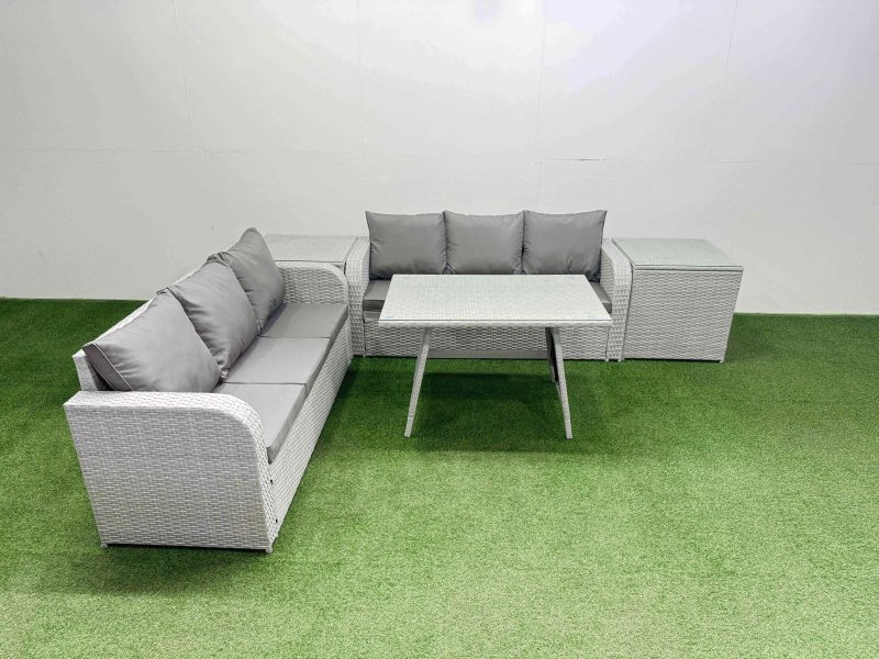 Fimous Patio Dining Table & Chairs Set Rattan High Back Lounge Sofa Set with 3 Seater Sofa 2 Side Tables Light Grey