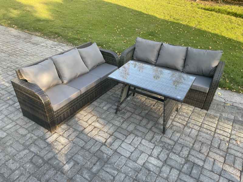 Fimous 6 Seater Garden Furniture Sofa Set Rectangular Dining Table Indoor Outdoor Rattan Set Dark Grey Mixed