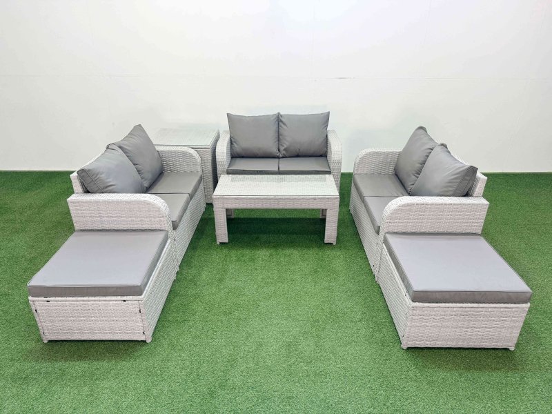 Fimous 8 Seater PE Wicker Rattan Furniture Sofa Sets with Oblong Coffee Table 2 Seater Love Sofa 2 Big Footstool Side Table Light Grey