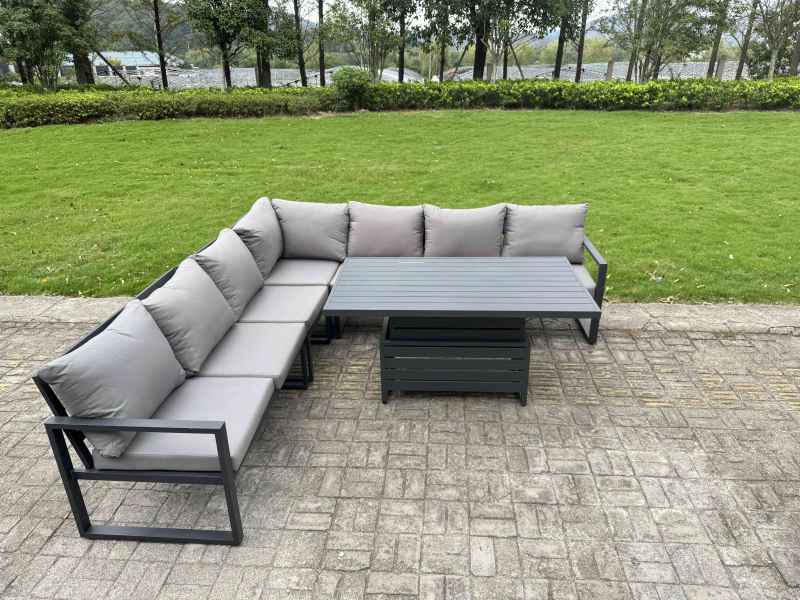 Fimous Aluminium Adjustable Rising Lifting Dining Table Sofa Set 12 Seat Aluminium Garden Furniture Sets with 3 Footstools 3 Chairs Dark Grey