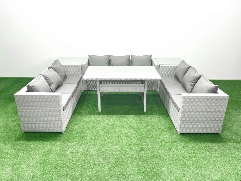 Fimous Rattan Garden Outdoor Furniture Set 9 Seater Garden Sofa Rectangulr Dining Table Set with 2 Side Tables Light Grey Mixed
