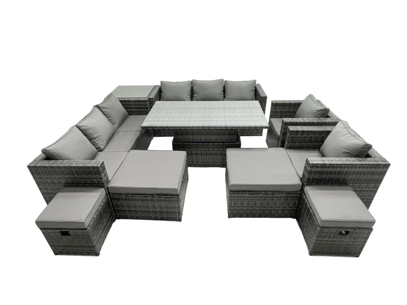 Fimous Rattan Dining Table Sofa Set with Side Table 2 Armchair 4 Stools Outdoor 12 Seat Garden Furniture Set Dark Grey Mixed