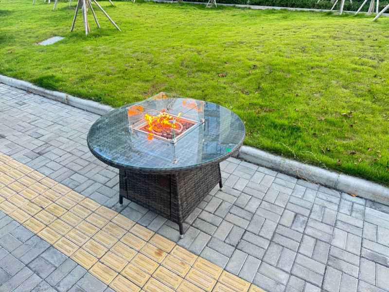 Fimous 5-Piece PE Rattan Garden Furniture with Big Round Gas Firepit Table and 6 Chairs for Patio Dark Grey Mixed