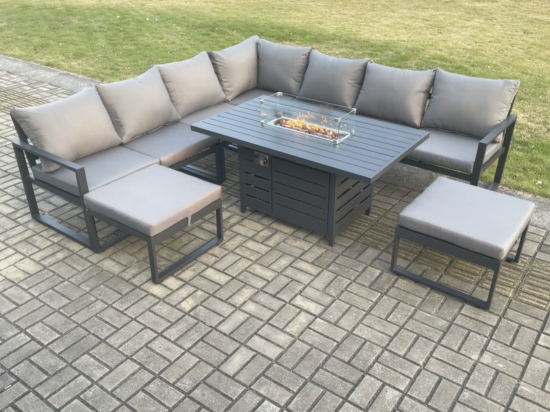 Fimous Aluminium 9 Seater Garden Furniture Outdoor Set Patio Lounge Sofa Gas Fire Pit Dining Table Set with 2 Big Footstools Dark Grey