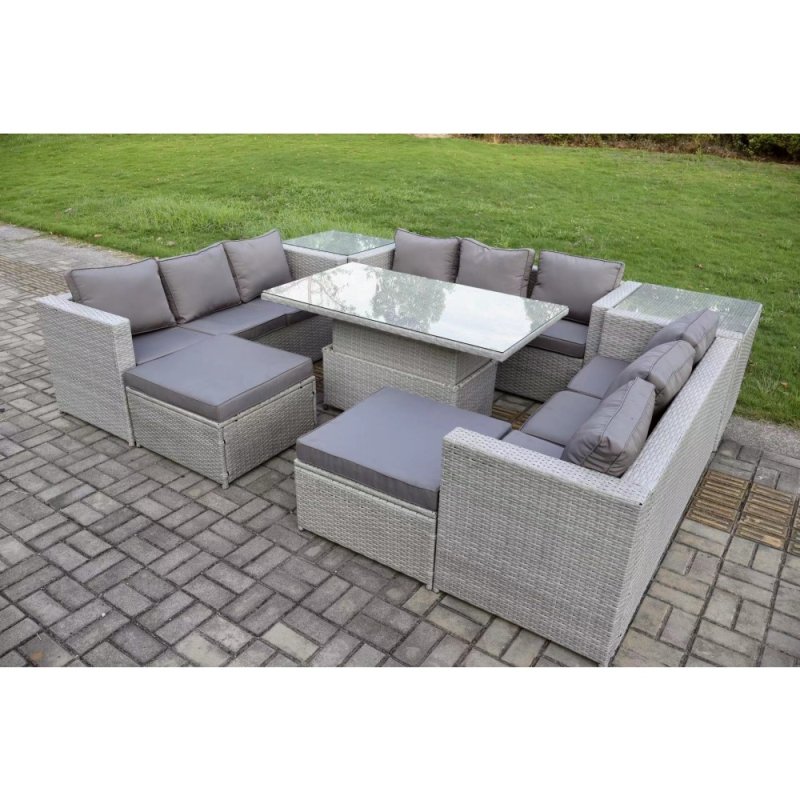 Fimous 11 Seater PE Rattan Garden Funiture Set Outdoor Height Adjustable Rising Lifting Table Sofa Dining Set with 2 Side Tables 2 Big Footstools