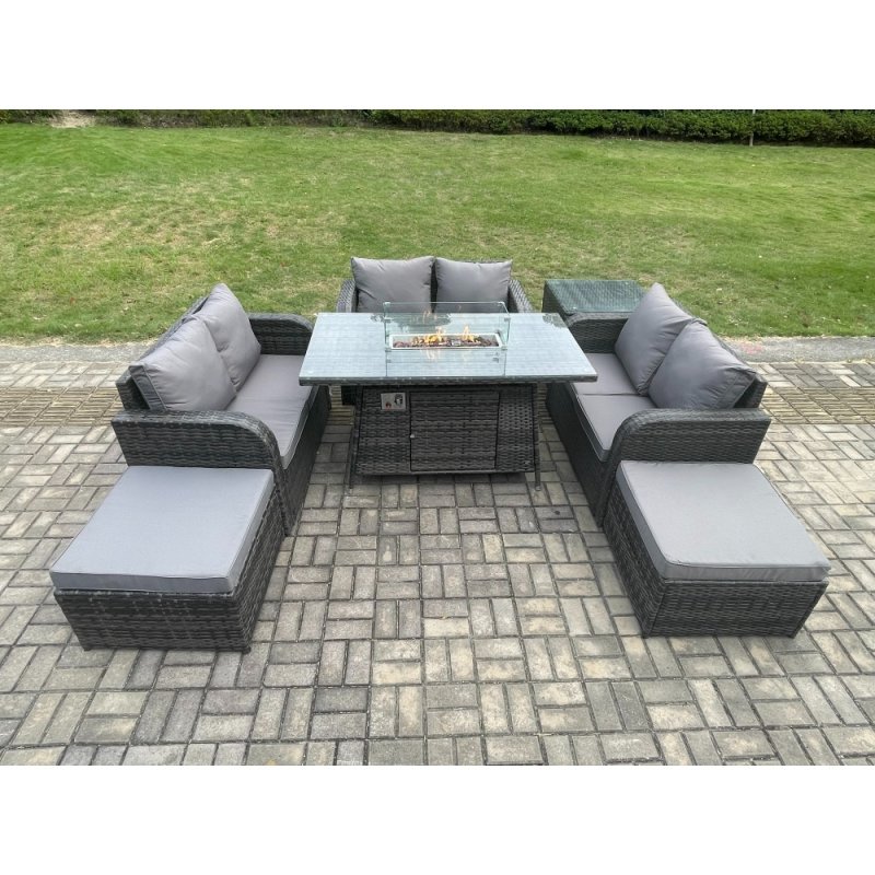 Fimous Rattan Outdoor Garden Furniture Sofa Set Gas Fire Pit Dining Table Gas Heater with Side Table Love Sofa 2 Big Footstool Dark Grey Mixed