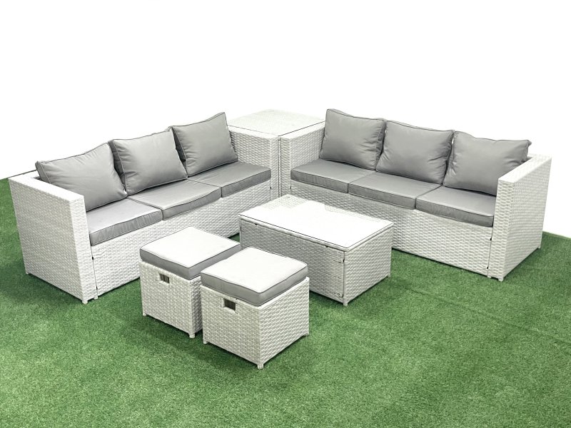 Fimous Garden Outdoor PE Rattan Furniture Set 8 Seater Rattan Garden Sofa Set with 2 Small Footstool Side Table Light Grey Mixed