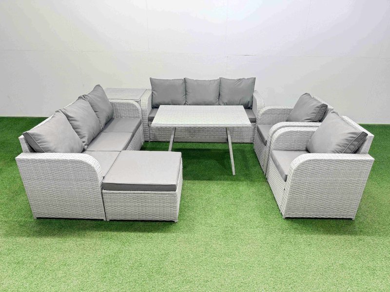 Fimous Rattan High Back Lounge Sofa Set Patio Dining Table & Chairs Set with 3 Seater Sofa 2 Reclining Chairs Side Table Big Stool Light Grey