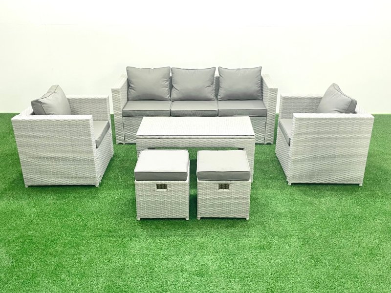 Fimous Rattan Garden Furniture Set 7 Seater Outdoor Garden Sofa Oblong Coffee Table Set with 2 Chairs 2 Stools Light Grey Mixed