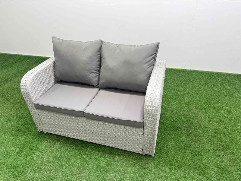 Fimous Patio PE Wicker 9 Seater Outdoor Rattan Furniture Sofa Sets with Rectangular Dining Table Reclining Chair Loveseat Sofa 3 Seater Sofa Stool Side Table Light Grey