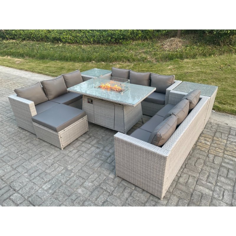 Fimous Light Grey U Shape Lounge Sofa Dining Set With Gas Heater Fire pit Burner With 2 PC Side Coffee Tea Table Footstool
