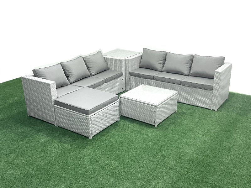 Fimous Rattan Garden Outdoor Furniture Set 7 Seater Rattan Garden Sofa Set with Big Footstool Side Table Light Grey Mixed