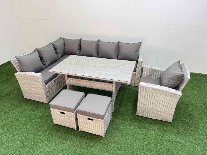 Fimous 9 Seater Rattan Garden Furniture Set Outdoor Patio Dining Corner Sofa Sets with Dining Table Chair 2 Small Footstools Light Grey Mixed