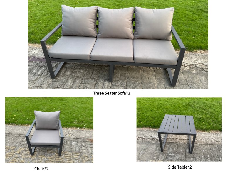 Fimous Garden Aluminium Furniture Set Dark Grey 8 Seater Outdoor Patio Adjustable Rising Lifting Dining Table with 2 Chairs Side Table Dark Grey