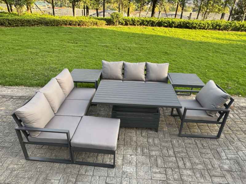 Fimous Aluminium Garden Furniture Sets,8 Seater Outdoor Sofa Dining Set with Adjustable Rising Lifting Dining Table Side Table Big Footstool for Yard,Poolside, Patio, Dark Grey
