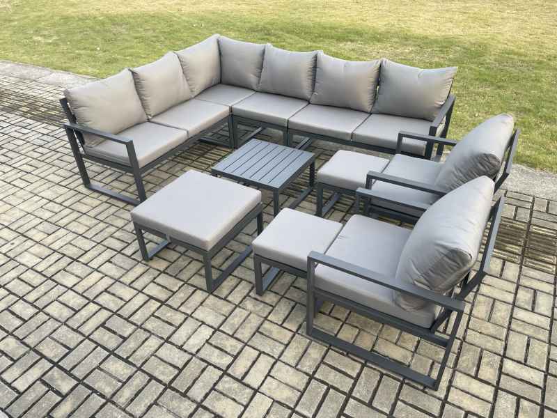 Fimous 11 Seater Outdoor Lounge Corner Sofa Set Aluminum Garden Furniture Sets with Square Coffee Table 2 Chairs 3 Footstools Dark Grey
