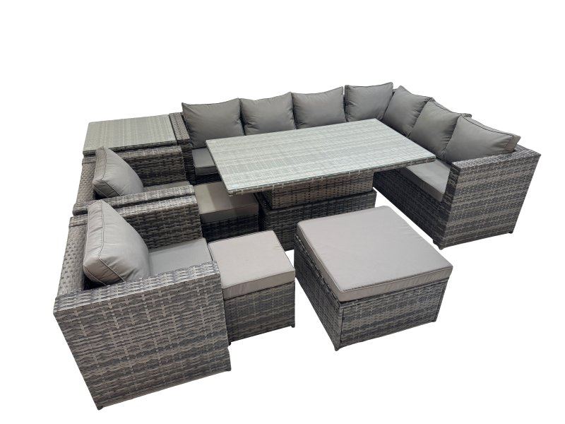 Fimous 11 Seater Rattan Height Adjustable Rising Lifting Table Corner Sofa Sets with 2 Chairs 3 Stool Side Table Dark Grey Mixed